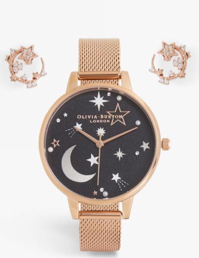 افكار هدايا رمضانية - طقم ساعة واقراط ذهبية على شكل هلال ونجمة